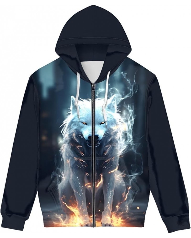 JooMeryer Men's 3D Wolf Print Casual Jacket Full Zip Hoodie Hooded Sweatshirts White Fox Fire $14.35 Hoodies & Sweatshirts