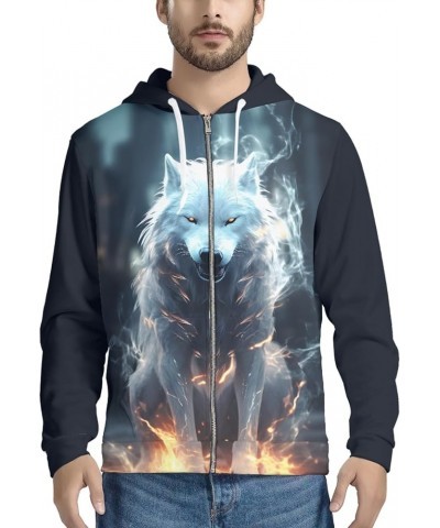 JooMeryer Men's 3D Wolf Print Casual Jacket Full Zip Hoodie Hooded Sweatshirts White Fox Fire $14.35 Hoodies & Sweatshirts