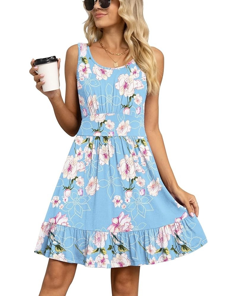 Women's Summer Casual U Neck Sundresses Pleated Knee Length Sleeveless Tank Dress Flower Light Blue $14.96 Dresses