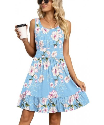 Women's Summer Casual U Neck Sundresses Pleated Knee Length Sleeveless Tank Dress Flower Light Blue $14.96 Dresses