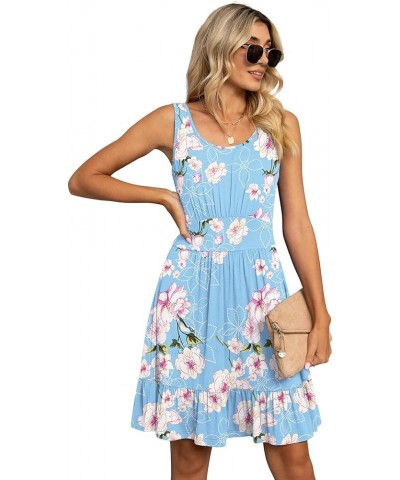 Women's Summer Casual U Neck Sundresses Pleated Knee Length Sleeveless Tank Dress Flower Light Blue $14.96 Dresses