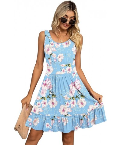 Women's Summer Casual U Neck Sundresses Pleated Knee Length Sleeveless Tank Dress Flower Light Blue $14.96 Dresses