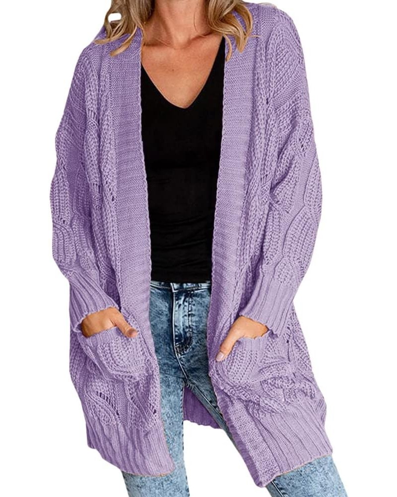 Women's Cardigan Sweaters Long Sleeve Plus Size Solid Cable Knit Open Front Outerwear with Pockets Purple $27.83 Sweaters