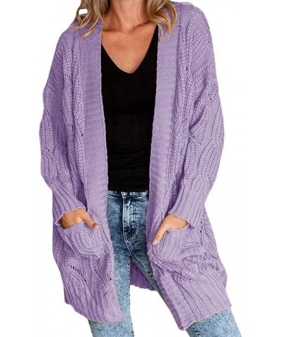 Women's Cardigan Sweaters Long Sleeve Plus Size Solid Cable Knit Open Front Outerwear with Pockets Purple $27.83 Sweaters