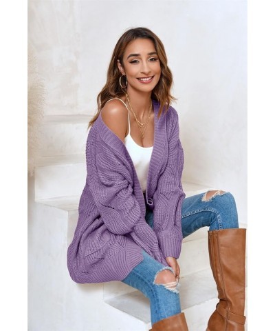 Women's Cardigan Sweaters Long Sleeve Plus Size Solid Cable Knit Open Front Outerwear with Pockets Purple $27.83 Sweaters