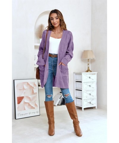 Women's Cardigan Sweaters Long Sleeve Plus Size Solid Cable Knit Open Front Outerwear with Pockets Purple $27.83 Sweaters