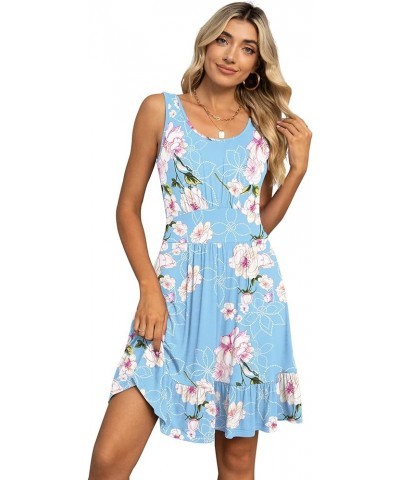 Women's Summer Casual U Neck Sundresses Pleated Knee Length Sleeveless Tank Dress Flower Light Blue $14.96 Dresses