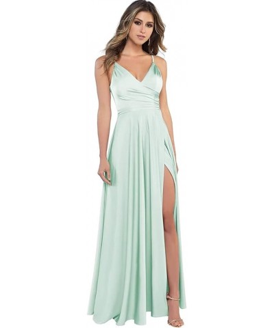 V Neck Bridesmaid Dresses Long with Slit A-line Prom Dresses for Women Satin Formal Evening Gown with Pockets Mint $31.24 Dre...