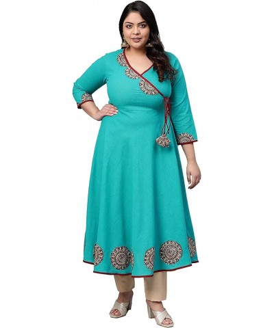 Women's Cotton Slub Patch Work Angrakha Kurta for Mother's Day - Mustard Teal Blue. $20.51 Tops