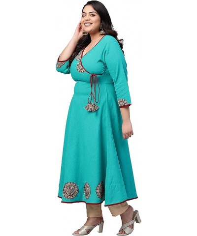 Women's Cotton Slub Patch Work Angrakha Kurta for Mother's Day - Mustard Teal Blue. $20.51 Tops