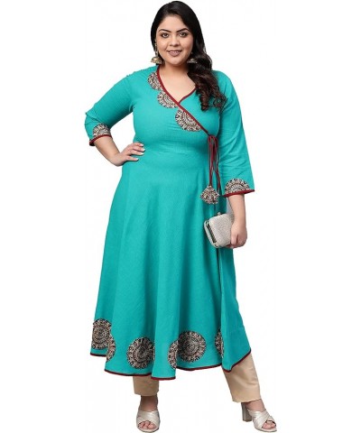 Women's Cotton Slub Patch Work Angrakha Kurta for Mother's Day - Mustard Teal Blue. $20.51 Tops