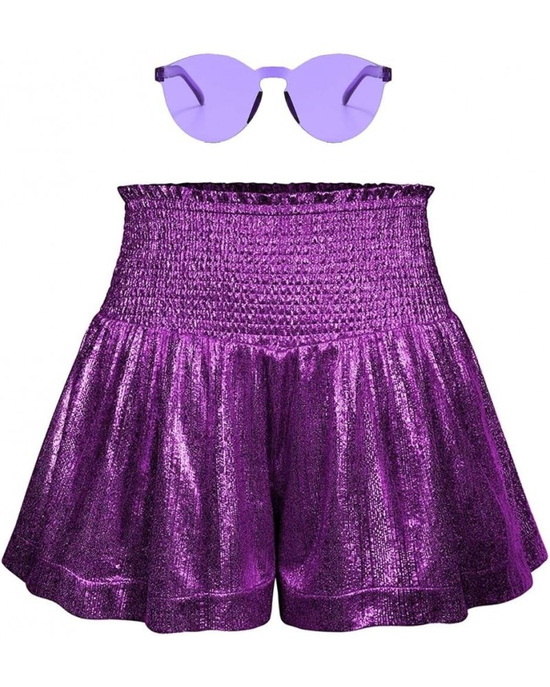 Women's Metallic Shorts Elastic Waist Shiny Sparkly Rave Pants Purple Metallic $12.60 Activewear