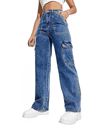 Womens Denim Cargo Pants Flap Pocket High Waisted Stretchy Straight Wide Leg Jeans 646-blue $19.36 Jeans