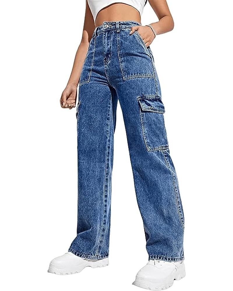 Womens Denim Cargo Pants Flap Pocket High Waisted Stretchy Straight Wide Leg Jeans 646-blue $19.36 Jeans