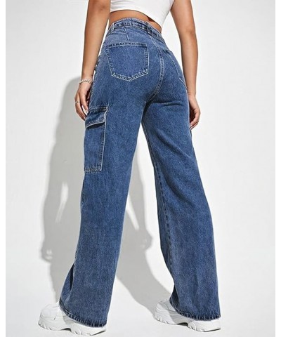 Womens Denim Cargo Pants Flap Pocket High Waisted Stretchy Straight Wide Leg Jeans 646-blue $19.36 Jeans