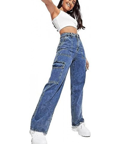 Womens Denim Cargo Pants Flap Pocket High Waisted Stretchy Straight Wide Leg Jeans 646-blue $19.36 Jeans