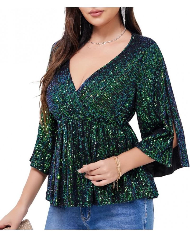 Women's Sequin Tops Sparkly V-Neck Split 3/4 Sleeve Wrap Peplum Top Party Club Night Out Disco Cocktail Shirts Gradient-green...