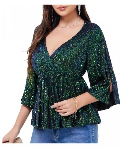 Women's Sequin Tops Sparkly V-Neck Split 3/4 Sleeve Wrap Peplum Top Party Club Night Out Disco Cocktail Shirts Gradient-green...