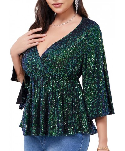 Women's Sequin Tops Sparkly V-Neck Split 3/4 Sleeve Wrap Peplum Top Party Club Night Out Disco Cocktail Shirts Gradient-green...