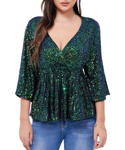 Women's Sequin Tops Sparkly V-Neck Split 3/4 Sleeve Wrap Peplum Top Party Club Night Out Disco Cocktail Shirts Gradient-green...