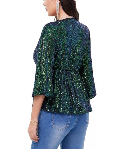 Women's Sequin Tops Sparkly V-Neck Split 3/4 Sleeve Wrap Peplum Top Party Club Night Out Disco Cocktail Shirts Gradient-green...