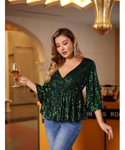 Women's Sequin Tops Sparkly V-Neck Split 3/4 Sleeve Wrap Peplum Top Party Club Night Out Disco Cocktail Shirts Gradient-green...