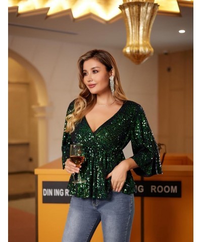 Women's Sequin Tops Sparkly V-Neck Split 3/4 Sleeve Wrap Peplum Top Party Club Night Out Disco Cocktail Shirts Gradient-green...