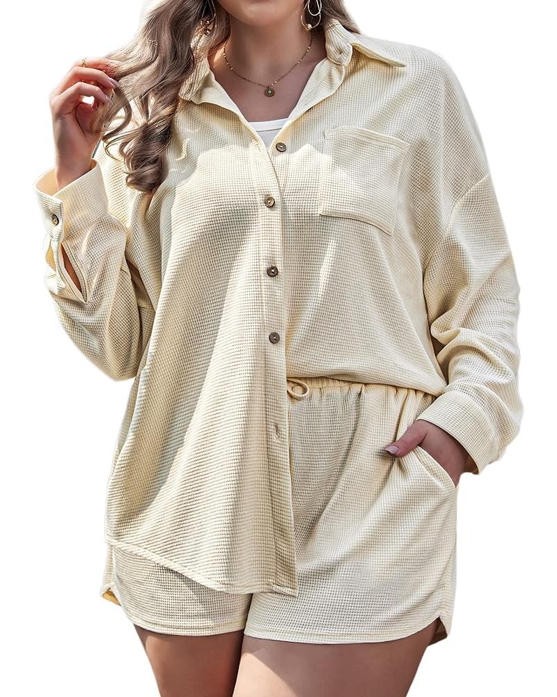 Plus Size Womens Waffle Knit Set Long Sleeve Top and Shorts 2 Piece Button Down Shirt with Pockets 16-28W Khaki $10.00 Blouses