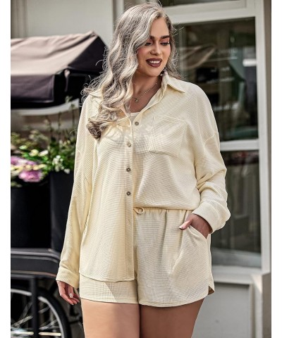 Plus Size Womens Waffle Knit Set Long Sleeve Top and Shorts 2 Piece Button Down Shirt with Pockets 16-28W Khaki $10.00 Blouses