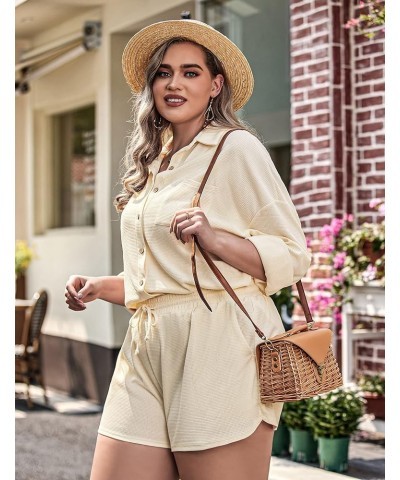 Plus Size Womens Waffle Knit Set Long Sleeve Top and Shorts 2 Piece Button Down Shirt with Pockets 16-28W Khaki $10.00 Blouses