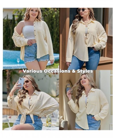 Plus Size Womens Waffle Knit Set Long Sleeve Top and Shorts 2 Piece Button Down Shirt with Pockets 16-28W Khaki $10.00 Blouses