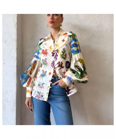 Women's Fashion Personalized Graffiti Print Lapel Lantern Sleeve Cardigan Shirt (Color : White, Size : L) XX-Large White $16....