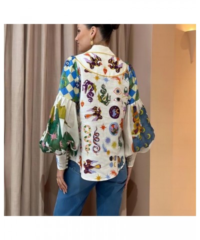 Women's Fashion Personalized Graffiti Print Lapel Lantern Sleeve Cardigan Shirt (Color : White, Size : L) XX-Large White $16....