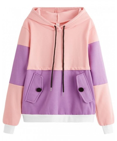 Women's Winter Color Block Long Sleeve Fleece Hoodie Sweatshirt with Pockets Pink Purple XL $17.10 Hoodies & Sweatshirts