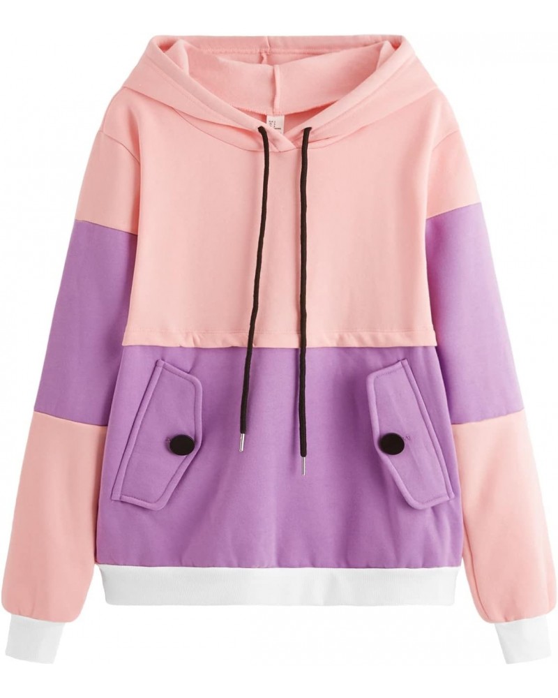 Women's Winter Color Block Long Sleeve Fleece Hoodie Sweatshirt with Pockets Pink Purple XL $17.10 Hoodies & Sweatshirts