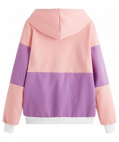 Women's Winter Color Block Long Sleeve Fleece Hoodie Sweatshirt with Pockets Pink Purple XL $17.10 Hoodies & Sweatshirts