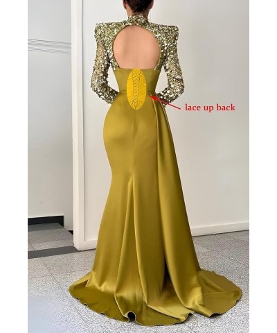 Sequin Mermaid Prom Dresses 2024 Long Sleeve Satin Sparkly High Neck Evening Formal Wedding Party Gown with Slit Y-champagne ...