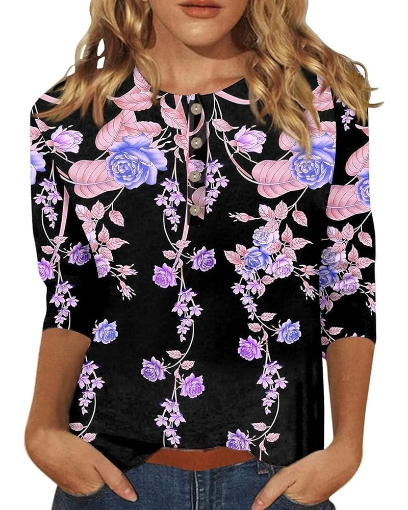 Womens Cotton T Shirts Women's Tops Women's 3/4 Sleeve Tunic Tops Casual Loose Fit Blouses Floral Tunic Shirts 08-purple $9.6...