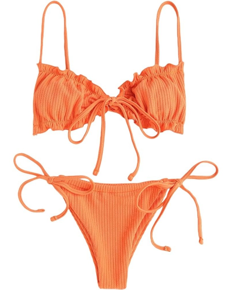 Women's Floral Print Tie Side Swimwear Straps Bikini Sets Swimsuits Plain Orange $12.30 Swimsuits