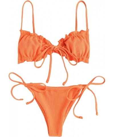 Women's Floral Print Tie Side Swimwear Straps Bikini Sets Swimsuits Plain Orange $12.30 Swimsuits