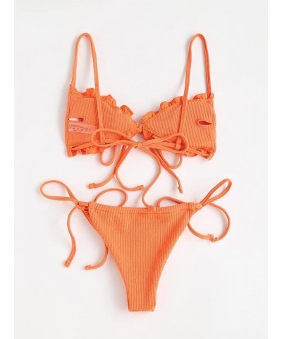 Women's Floral Print Tie Side Swimwear Straps Bikini Sets Swimsuits Plain Orange $12.30 Swimsuits