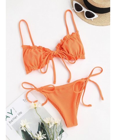 Women's Floral Print Tie Side Swimwear Straps Bikini Sets Swimsuits Plain Orange $12.30 Swimsuits