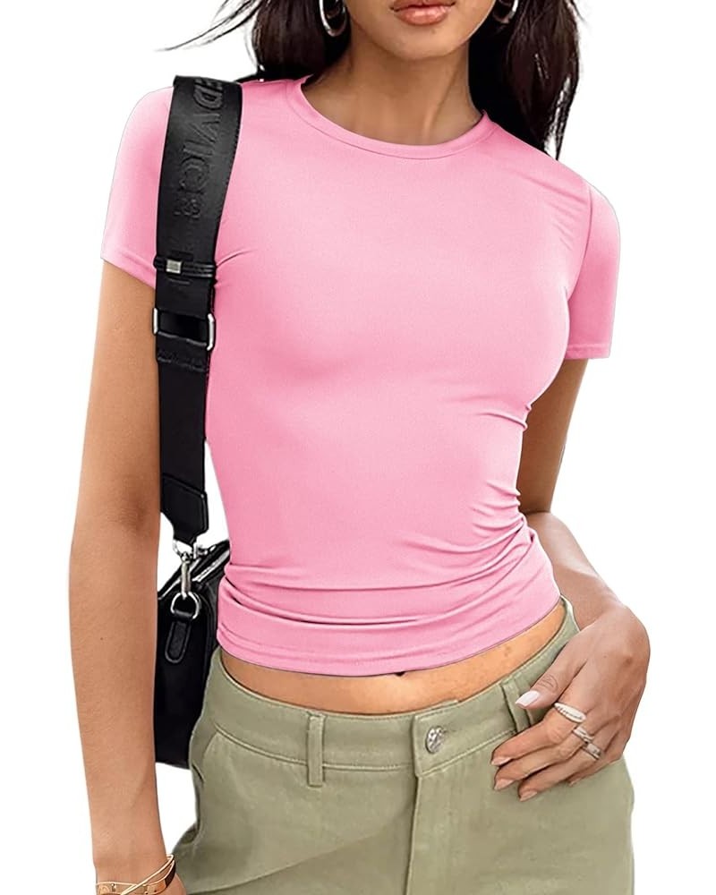 Women Short Sleeve Shirts Crewneck Slim Fitted Cute T Shirt Stretchy Bodycon Basic Tee Tops Pink $10.50 Tops