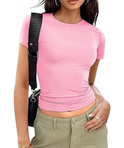 Women Short Sleeve Shirts Crewneck Slim Fitted Cute T Shirt Stretchy Bodycon Basic Tee Tops Pink $10.50 Tops