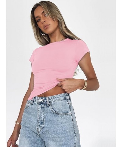 Women Short Sleeve Shirts Crewneck Slim Fitted Cute T Shirt Stretchy Bodycon Basic Tee Tops Pink $10.50 Tops