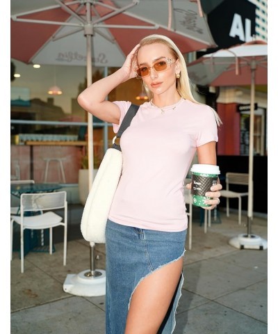 Women Short Sleeve Shirts Crewneck Slim Fitted Cute T Shirt Stretchy Bodycon Basic Tee Tops Pink $10.50 Tops