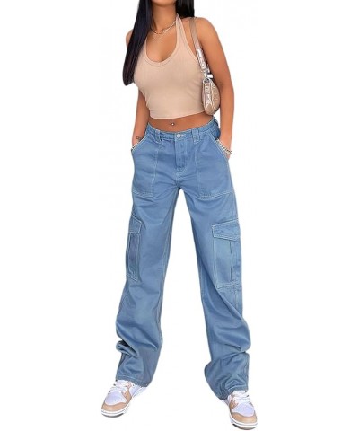 Women's Y2K High Rise Baggy Straight Leg Cargo Pants Streetwear Casual Boyfriend Trousers with Pockets Glight Blue $16.63 Pants