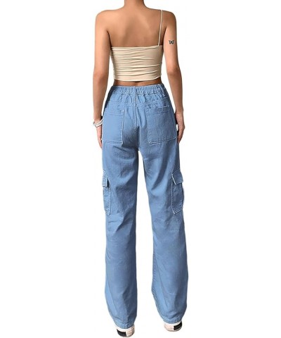 Women's Y2K High Rise Baggy Straight Leg Cargo Pants Streetwear Casual Boyfriend Trousers with Pockets Glight Blue $16.63 Pants