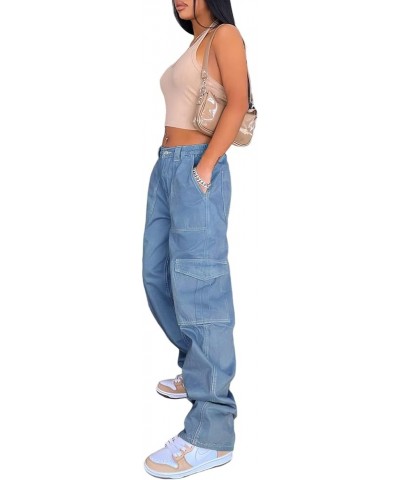 Women's Y2K High Rise Baggy Straight Leg Cargo Pants Streetwear Casual Boyfriend Trousers with Pockets Glight Blue $16.63 Pants