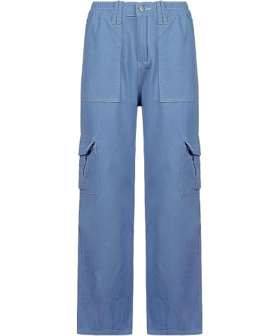 Women's Y2K High Rise Baggy Straight Leg Cargo Pants Streetwear Casual Boyfriend Trousers with Pockets Glight Blue $16.63 Pants